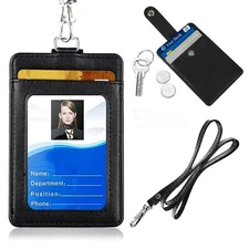 Vertical PU Leather ID Card Holder Badge Wallet Pocket with Neck Strap Lanyard