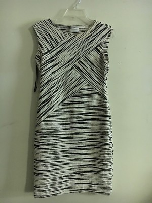 Calvin Klein Size 4 Brush Stripe Black Cream Sleeveless Dress Women Stylish 
