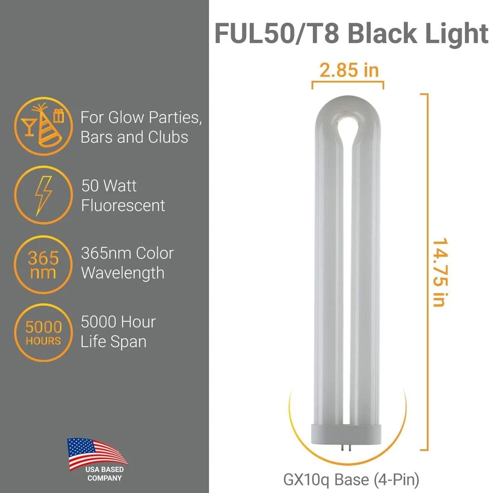 5Pack T10 Twin UV Fluorescent U-Shaped Black Light Bulb, 50W, 120V, 4-Pin GX10q - Image 2 of 4