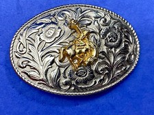 Vintage Mixed Metal Rodeo Cowboy Saddle Bronc Western Oval Belt Buckle