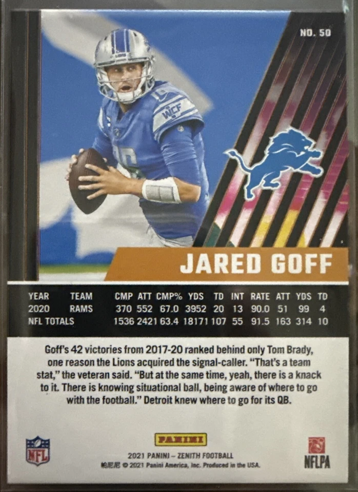Jared Goff 2021 Panini Zenith Football #50 Detroit Lions - Image 2 of 2