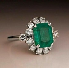 Art Deco Style 4.00Ct Emerald & Lab-Created Diamond Frame Engagement Silver Ring
