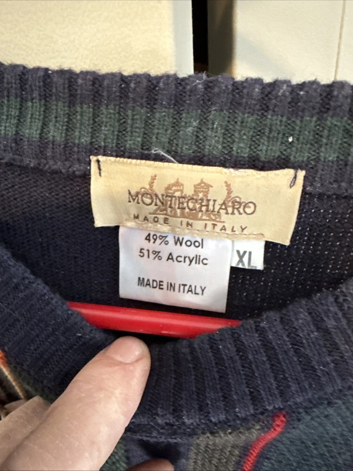Montechiaro Crewneck Sweater Wool Blend XL Black Red Green Yellow Made in Italy - Image 2 of 3