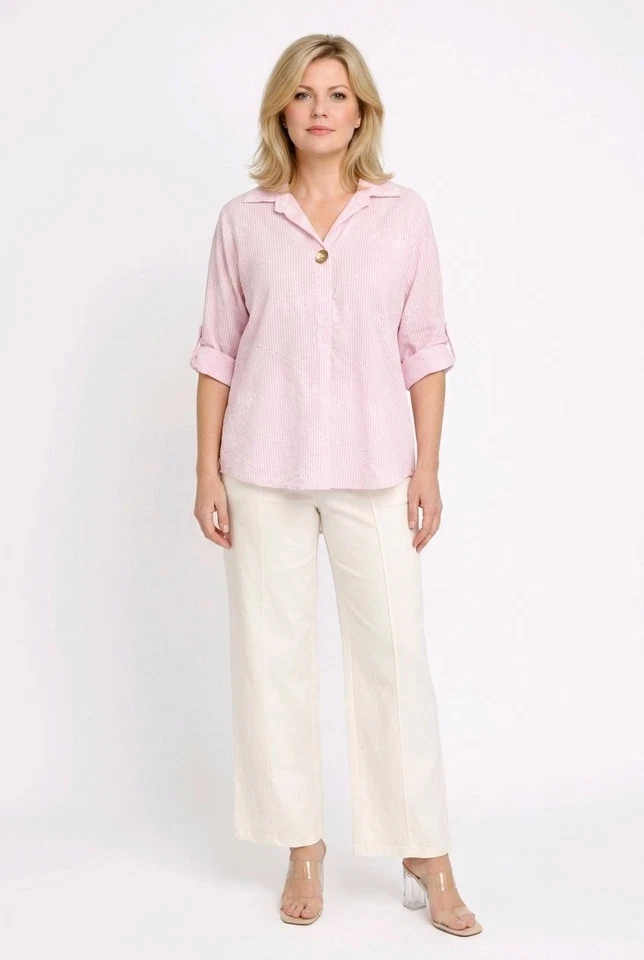 Damen Hemdbluse Gestreift Italy Baumwolle Turn-Up Tunika Größe 38 40 42 Rosa - Bild 3 von 4