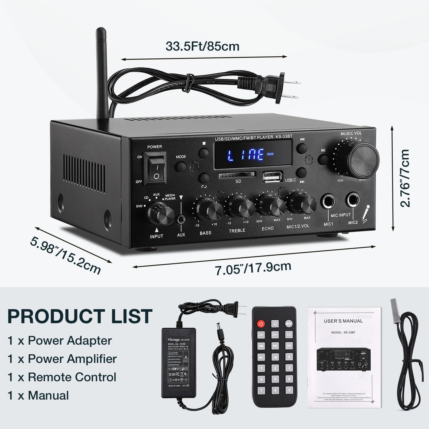 KS-33BT 2.1CH Stereo Audio Amplifier Receiver with Active Subwoofer Output, R...