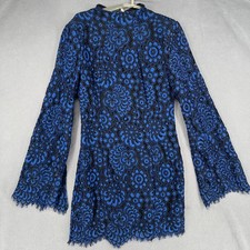 Dress Womens Blue Shift Short Long Sleeve Lace Floral High Neck Bell Sleeve Zip
