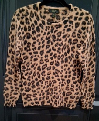 Charter Club Luxury 100% Cashmere Brown Leopard Cheetah Print Preppy Sweater M