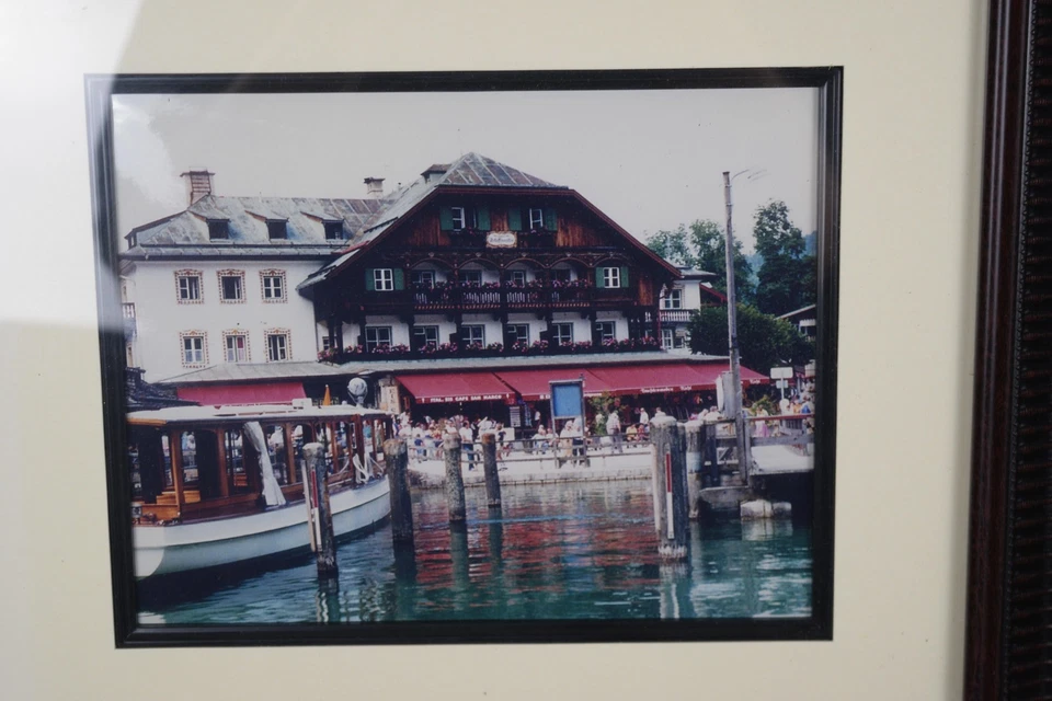 Lakeside Alpine Chalet Boats Pier Framed Matted Color Photo Print Wall Art - image 2 of 3