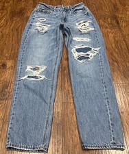 American Eagle Jeans Women  s SZ 6 L Mom Straight Distressed Patches 100 Cotton