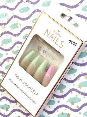 Beautiful Nails BLUE YELLOW PINK & GREEN PASTEL with OMBRÉ FRENCH Press On Mani