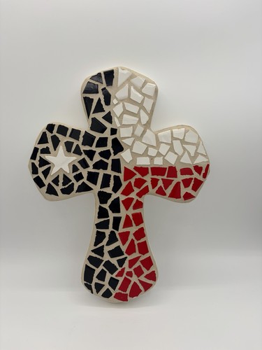 American Flag Mosaic Tiles Cross Patriotic Americana Wall Art 13" Signed