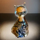 Murano Style Art Glass Cat Figurine Amber Multicolor Swirl Hand Blown Decor
