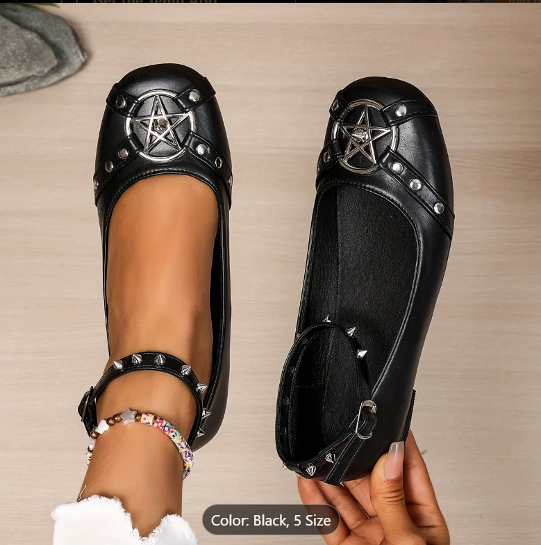 Womens Punk Studded Flats Pentagram Shoes Gothic Round Toe Pumps UK 5 5.5 7