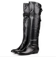 Women Genuine Leather Over The Knee High Riding Boots Flat Heel Buckle Fur Boot