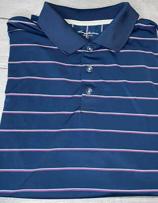 TOMMY ARMOUR L Blue Red Pink Striped DRI LOGIC Golf Polo Short Sleeve Shirt