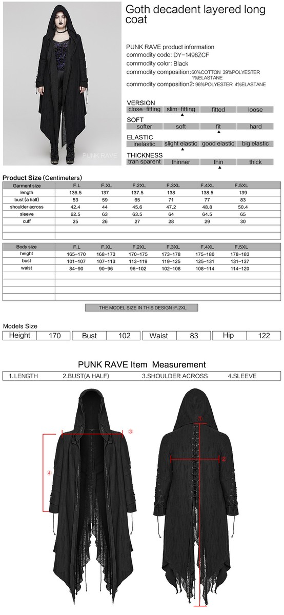 Punk Rave Women Black Gothic Decadent Layered Hooded Long Plus