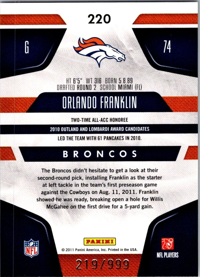2011 Panini Certified Orlando Franklin #220 - Image 2 of 2