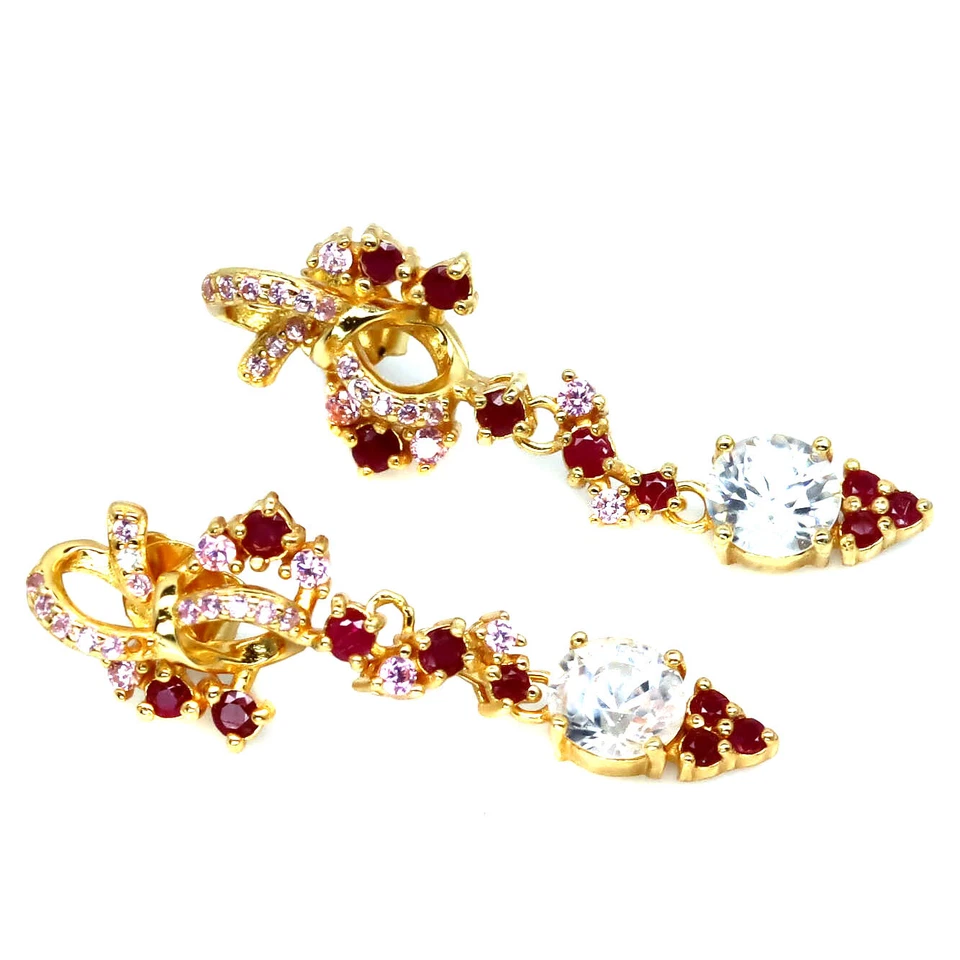 Plata de ley 925 6 mm. Pendientes de circón blanco, rubí rojo y zafiro rosa Foto 2 de 4