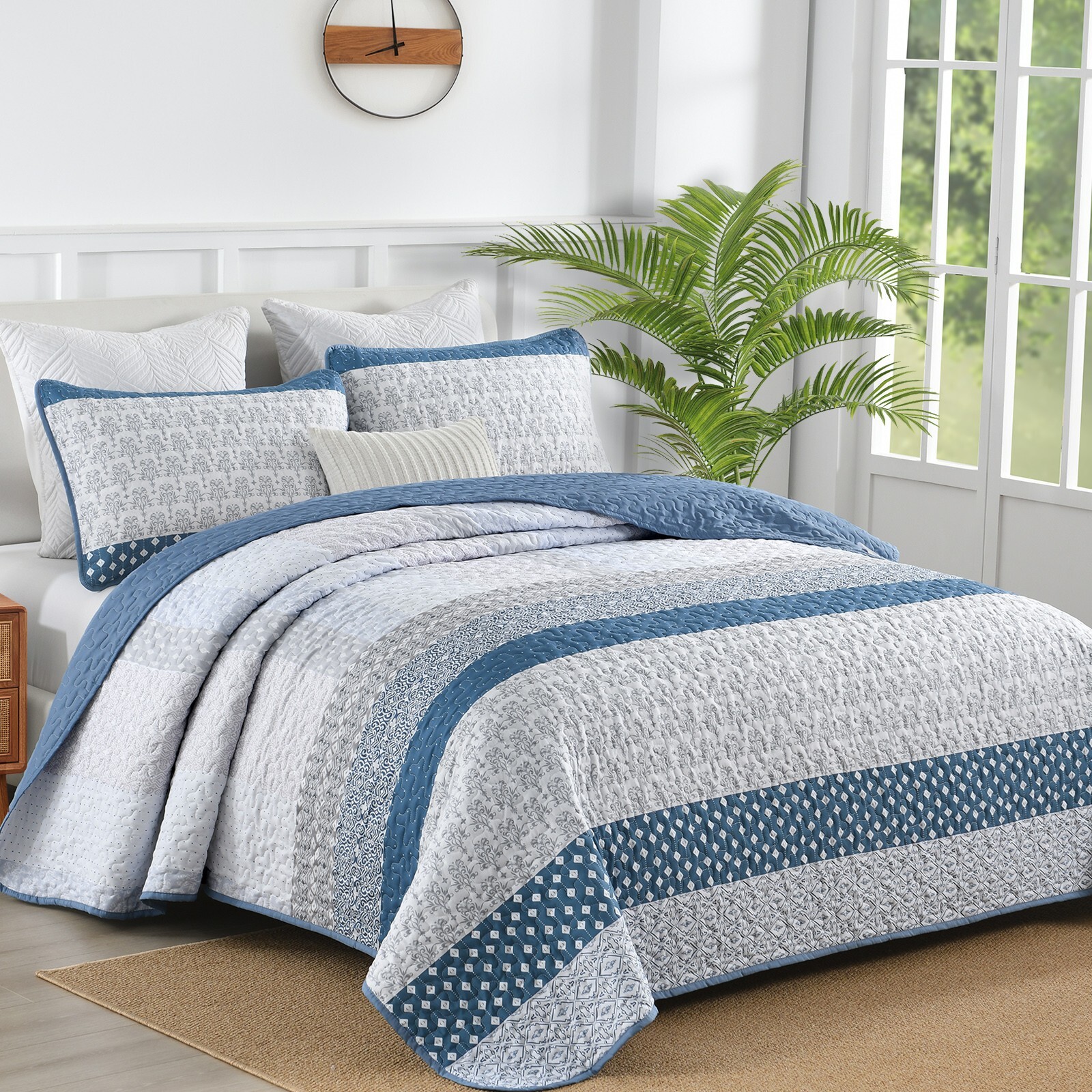 Gray Blue Stripes Soft Bedspread Quilt Set Coverlet Queen Size Bed