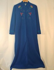Vintage 70s Appel Women's Large Robe Long Blue Zip Floral Embroidered Retro USA