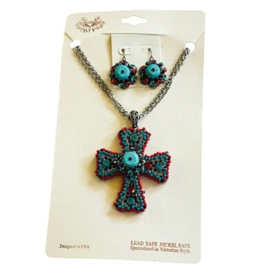 BLV Victorian Style matching Set Necklace Earrings Cross crystal turquoise NWT