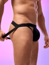 Men's New Sexy Black Open Rear Jockstrap w/Contoured Enhancing Pouch - Gay