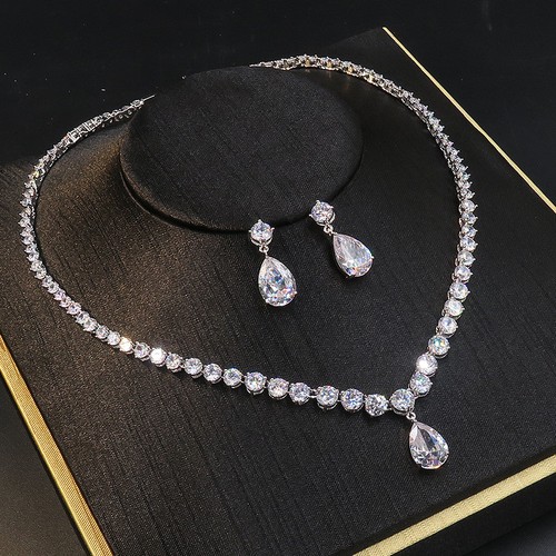 Luxury All CZ Cubic Zirconia Necklace Earrings Set Wedding Queen Princess Prom - Picture 5 of 6