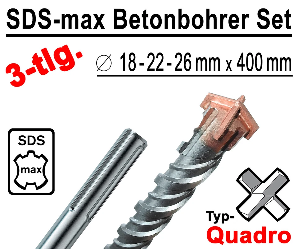STAVTOOL SDS-max Betonbohrer Set 3-tlg Quadro Bohrer Hammerbohrer 18mm 22mm 26mm x 400mm