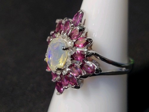 Stunning Natural Fire Opal & Rhodolite 925 Sterling Silver Ring Size 9 0979 - Picture 4 of 7