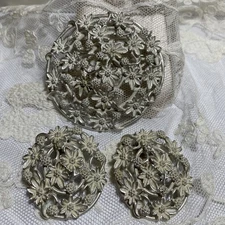 Emmons Signed Vintage Silver Tone Flower Brooch Pin Clip On Earrings Set Gar1-15