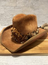 Vintage USA Made Mens Suede Western Cowboy Hat With Feathers Brown Sz Large