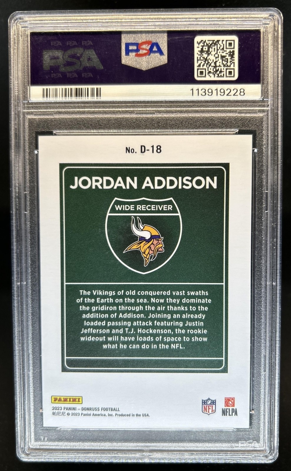 2023 Panini Donruss Jordan Addison Downtown! SSP RC Authentic Auto 10 #D-18 PSA view 2