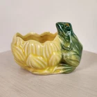 Unmarked McCoy Pottery Frog On Lotus Flower Planter Vintage Yellow Green