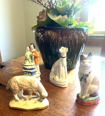 Lot of 4 Early Staffordshire Figures- Whippet, Sheep, Cat. & Dancing Couple