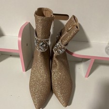 Women  s Gold Glitter Rhinestone Pointed Toe Zip Ankle Boots 9 Synthetic