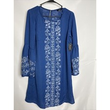 AUW Boho Festival Style Dress Size Small Blue Botanical Pattern Faux Embroi NWT