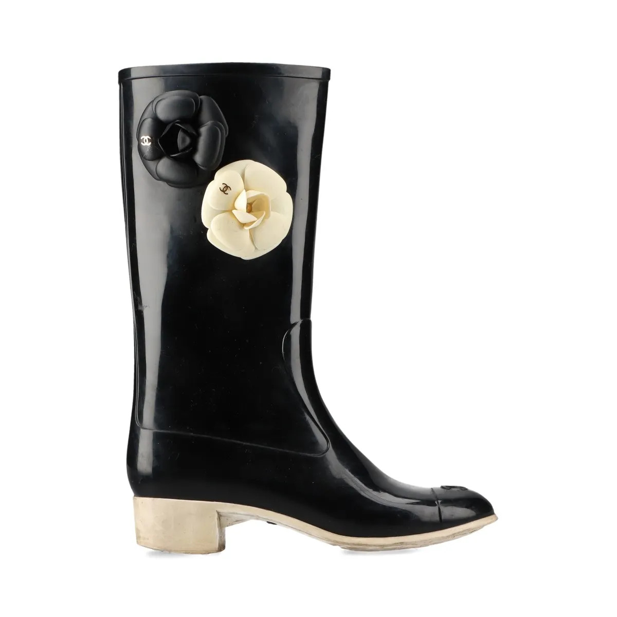 Chanel Coco Mark Camelia 10P Rubber Rain boots 38 Ladies' Black x ivory G26648 W thumbnail 3