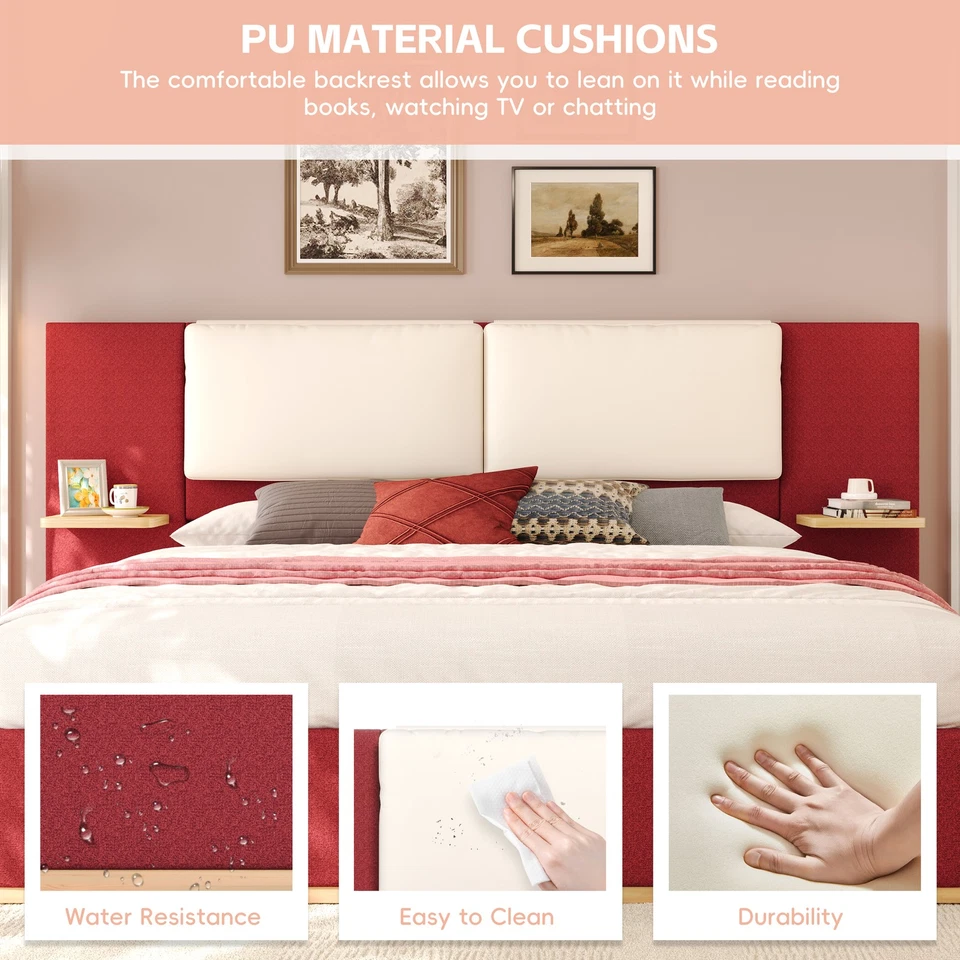 Cama de plataforma tapizada tamaño king con panel, marco de cama de plataforma con anticoldos Foto 4 de 4