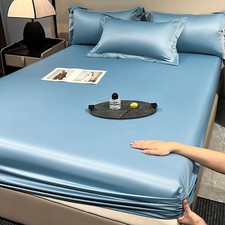 Soft Luxury Satin Fitted Bed Sheet with Elastic Bands Ice Silk Mattress Cover No