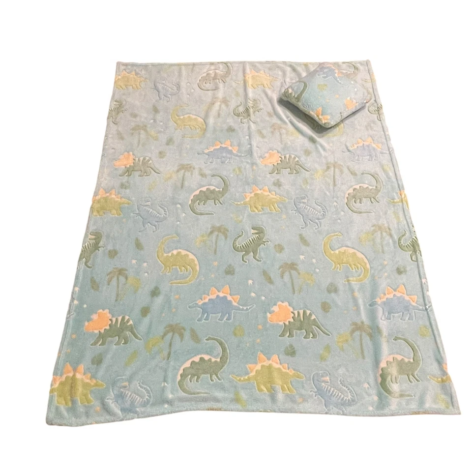 Plush Glow in the Dark Dinosaur Blanket 50X64 Matching Pillow Set - Image 3 of 4