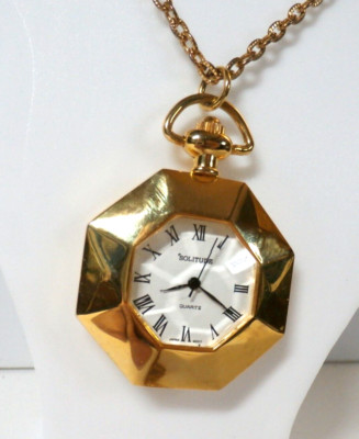Vintage ''Solitude'' Gold-Tone Octagonal Pendant Watch Necklace, 28'' Chain, Works