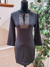 Karen Kane Black Embellished Crepe Split Neck Shift Dress w/Pockets Size Small