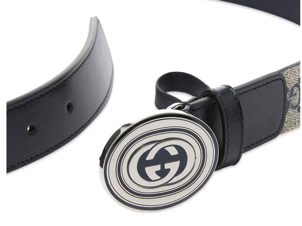 Gucci GG Supreme Canvas Leather Double G Interlocking Belt Size 34 cm - 85 in NEW GUCCI BEIGE BLUE GG SUPREME LEATHER CANVAS INTERLOCKING  main image 3