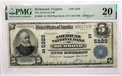 1902 $5 Dollar American National Of Richmond Virginia PMG VF 20 FR# 606