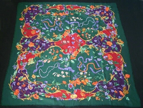 GUCCI Multi Floral on Green Wool Challis Scarf
