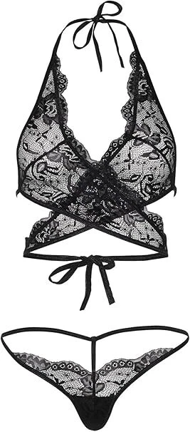 Top halter y tanga Leg Avenue para mujer de 2 piezas de encaje festoneado envolvente negro Foto 2 de 2