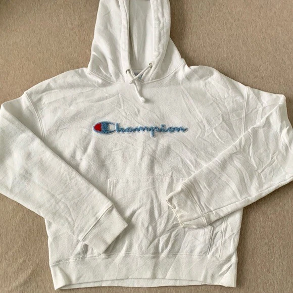 Champion reverse weave white hoodie women's medium blue logo sweatshirt  sport | eBay