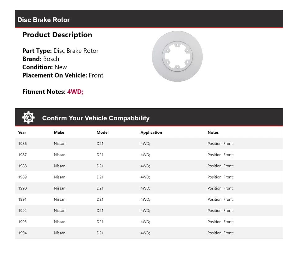 Rotor de freno de disco delantero Bosch QuietCast 1987 1988 para Nissan D21 1986-1994 4x4 Foto 2 de 4