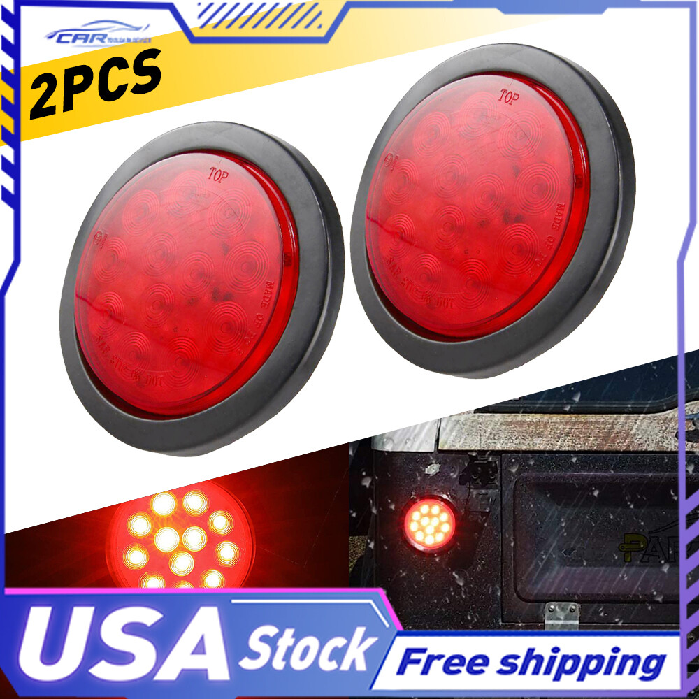 2 Red 12-LED 4-Inch Round Waterproof Trailer Truck Tail Brake Stop Turn Lights  