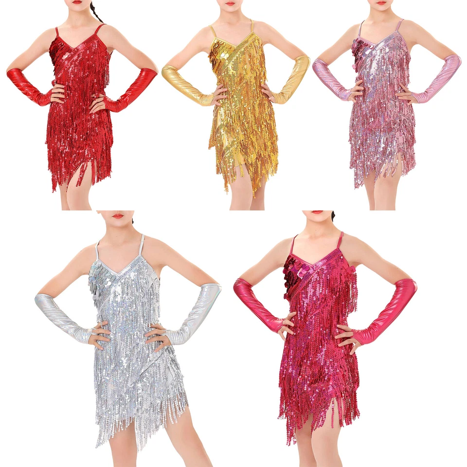 Kids Girls Latin Dance Costume Tassels Fringe Gymnastic Dress Ballroom Outfit - Image 2 of 4